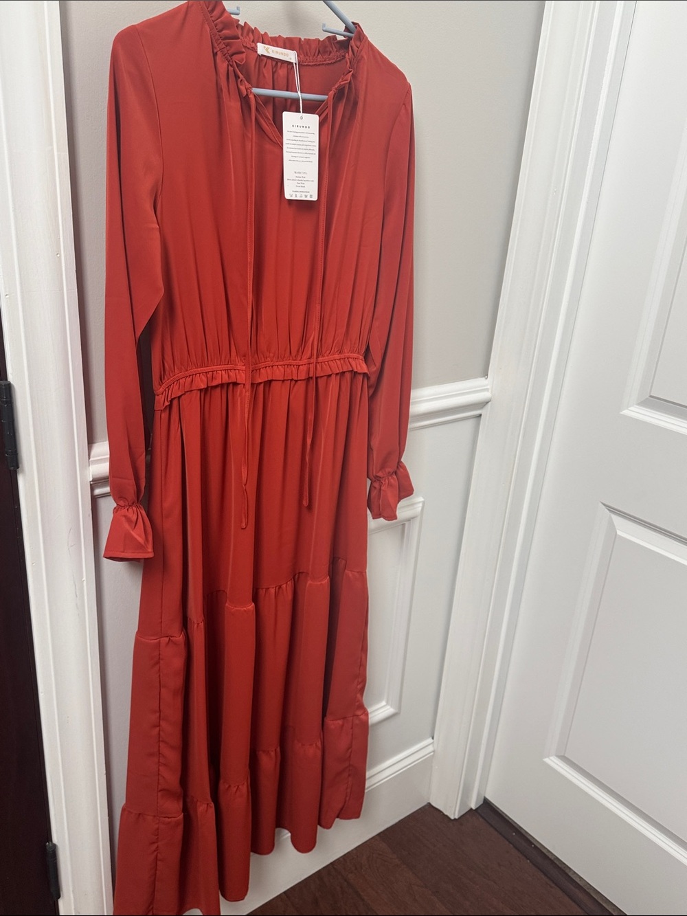 NWT!Amazon Rust-orange Tiered Long-Sleeve Casual Dress
